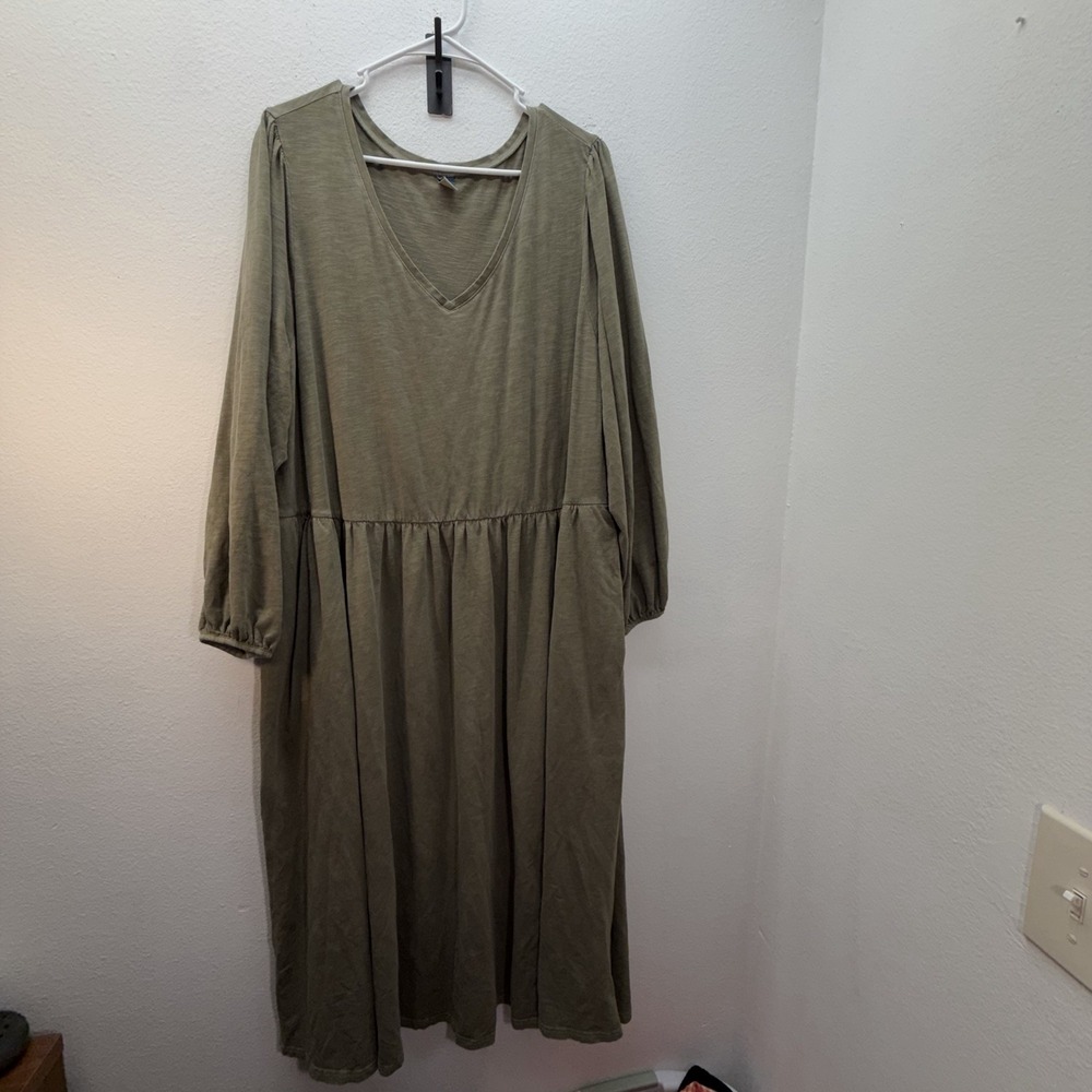 Old Navy Midi Dress Womens 3X Green Long Sleeve Fit Flare Stretchy Flowy Cotton